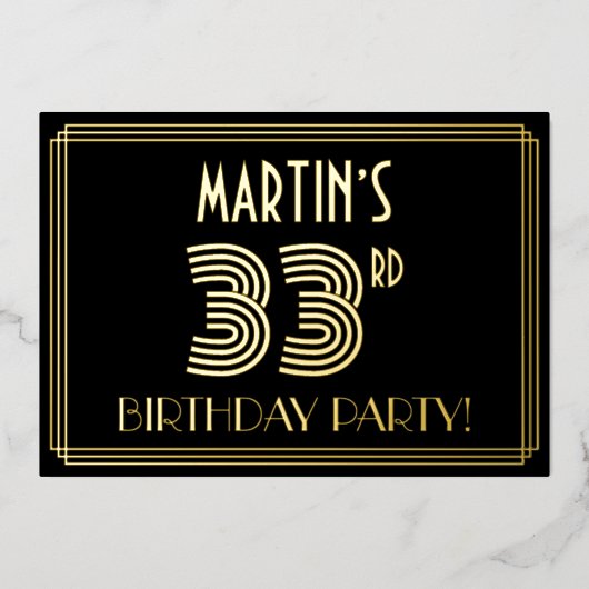 33ste verjaardagsfeestje — Art Deco-stijl “33” + n Folie Uitnodiging (Voorkant)