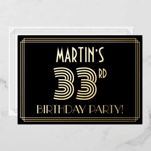 33ste verjaardagsfeestje — Art Deco-stijl “33” + n Folie Uitnodiging (Voorkant / Achterkant)