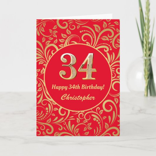 34e Birthday Red en Gold Floral Pattern Kaart (Voorkant)