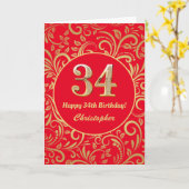34e Birthday Red en Gold Floral Pattern Kaart (Gele Bloem)