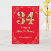 34e Birthday Red en Gold Glitter Lijst Kaart (Gele Bloem)