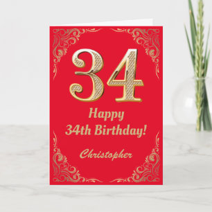 34e Birthday Red en Gold Glitter Lijst Kaart
