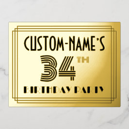 34e geboortedag ~ Art Deco Style "34" + Naam Folie Uitnodiging Briefkaart