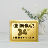 34e geboortedag ~ Art Deco Style "34" + Naam Folie Uitnodiging Briefkaart (Staand Voorkant)