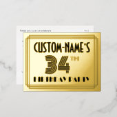34e geboortedag ~ Art Deco Style "34" + Naam Folie Uitnodiging Briefkaart (Voorkant / Achterkant)