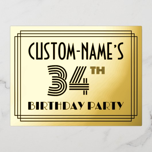 34e geboortedag ~ Art Deco Style "34" + Naam Folie Uitnodiging Briefkaart (Voorkant)