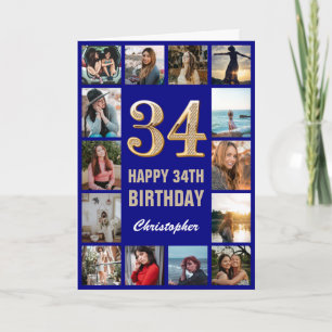 34e Happy Birthday Navy Blue & Gold Photo Collage Kaart