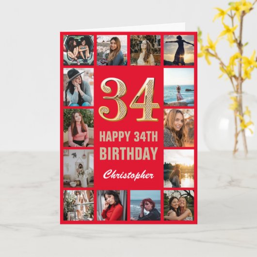 34e Happy Birthday Red en Gold Photo Collage Kaart (Gele Bloem)