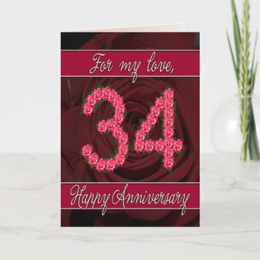 34e jubileumkaart met rozen en bladeren kaart (Voorkant)