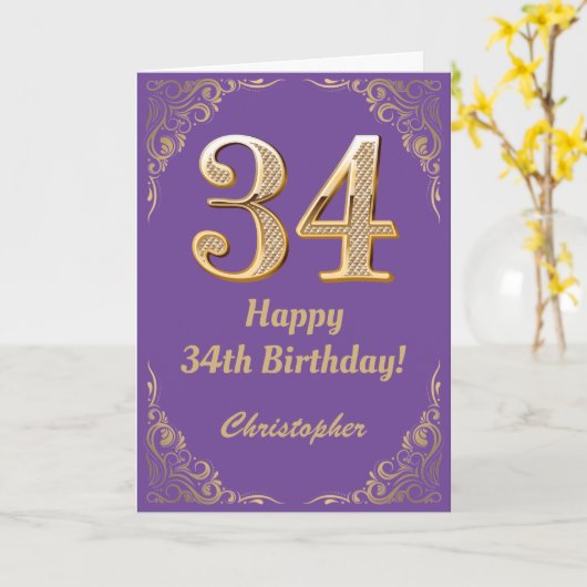 34e Paars- en goudglitter-Lijst op de geboorte Kaart (Gele Bloem)