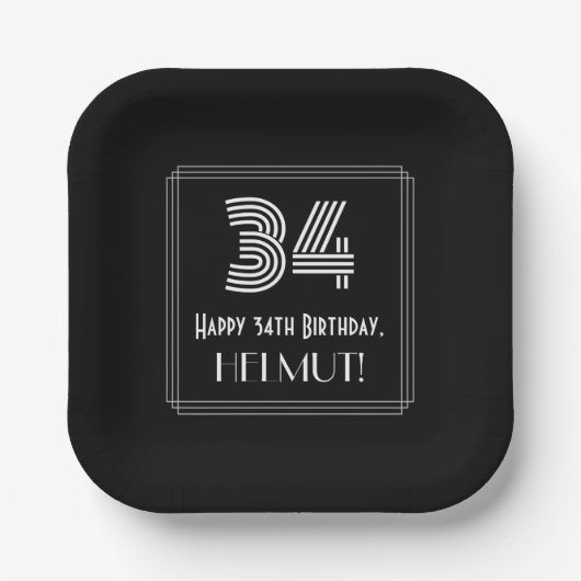 34e verjaardag — Art Deco Geïnspireerde look "34"  Papieren Bordje (Voorkant)