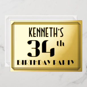 34e verjaardag: Art Deco Kijk "34" en naam Folie Uitnodiging