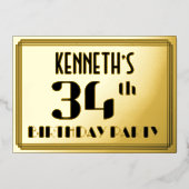 34e verjaardag: Art Deco Kijk "34" en naam Folie Uitnodiging (Voorkant)