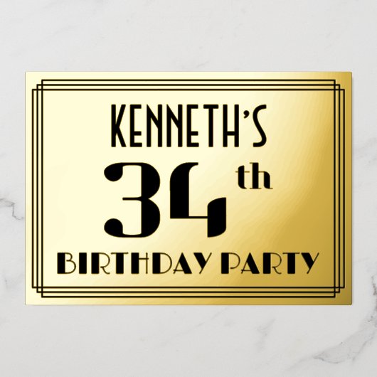 34e verjaardag: Art Deco Kijk "34" en naam Folie Uitnodiging (Voorkant)