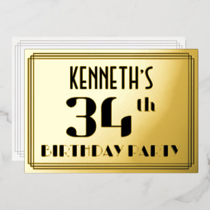 34e verjaardag: Art Deco Kijk "34" en naam Folie Uitnodiging