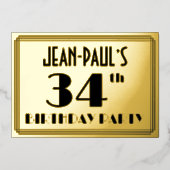 34e verjaardag — Art Deco look "34" + Naam Folie Uitnodiging (Voorkant)