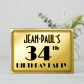 34e verjaardag — Art Deco look "34" + Naam Folie Uitnodiging (Staand Voorkant)