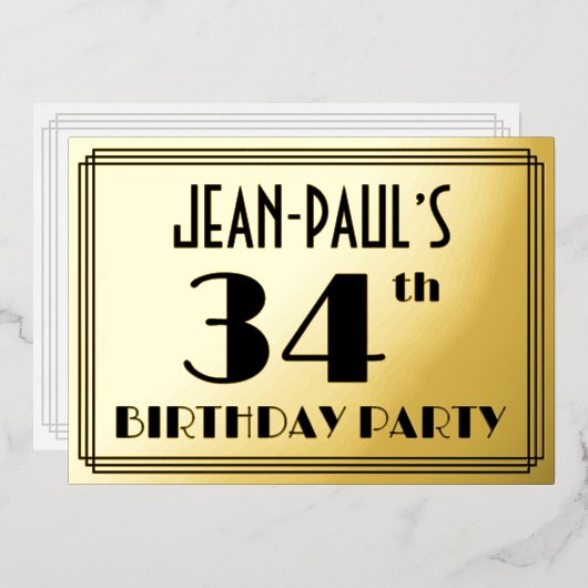 34e verjaardag — Art Deco look "34" + Naam Folie Uitnodiging (Voorkant / Achterkant)