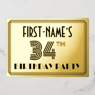 34e verjaardag — Art Deco Style "34" en naam Folie Uitnodiging