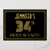 34e verjaardag — Art Deco Style "34" + Naam Folie Uitnodiging (Voorkant)