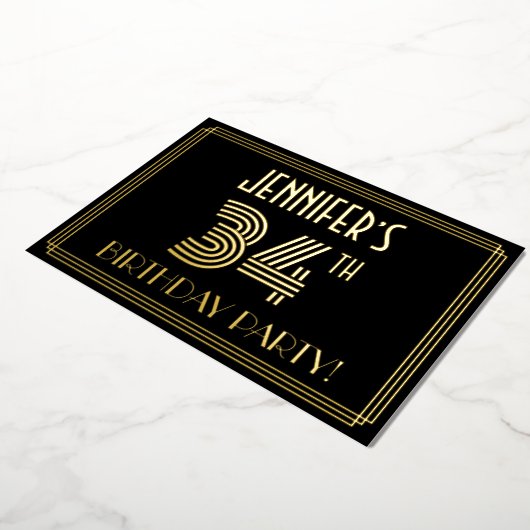 34e verjaardag — Art Deco Style "34" + Naam Folie Uitnodiging (Gedraaid)