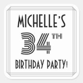 34e verjaardag: Art Deco Style + aangepaste naam Vierkante Sticker (Voorkant)