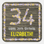34e verjaardag: Bloemennummer, Faux Wood Look, Naa Vierkante Sticker (Voorkant)