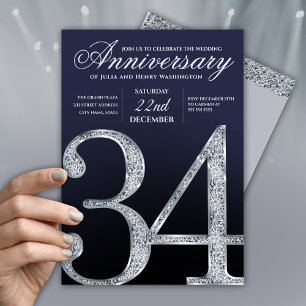34e verjaardag Diamant Zilver Marineblauw Kaart