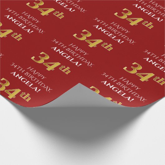 34e verjaardag: Elegant, rood, Faux Gold look Cadeaupapier (Hoek)