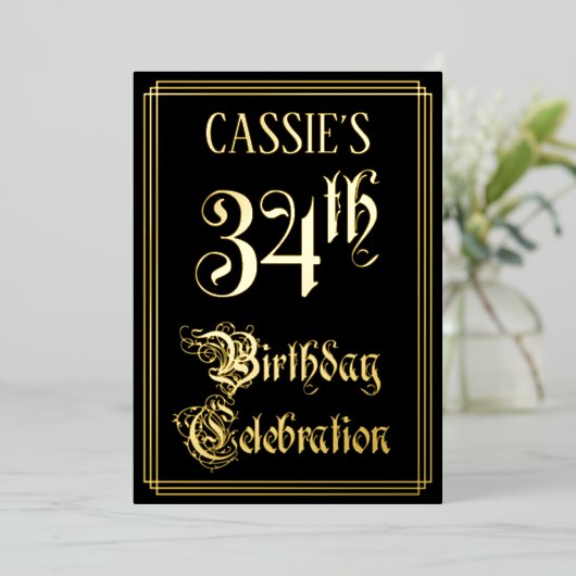 34e verjaardag — Fancy script en aangepaste naam Folie Uitnodiging (Staand Voorkant)