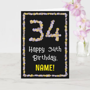 34e verjaardag: Floral Flowers Number, Custom Name Kaart