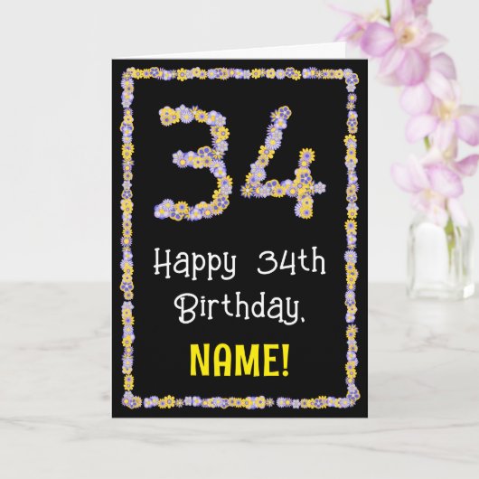 34e verjaardag: Floral Flowers Number, Custom Name Kaart (Orchidee)