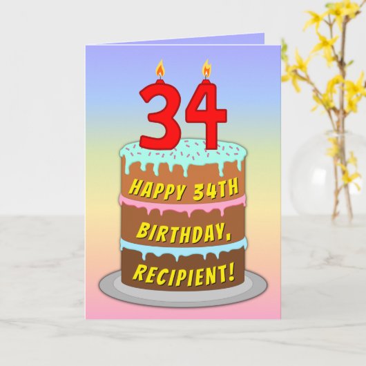 34e verjaardag — Fun Cake & Candles, w/ Eigen naam Kaart (Gele Bloem)