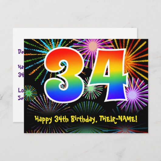 34e verjaardag - Fun Fireworks Pattern + Rainbow 3 Briefkaart (Voorkant / Achterkant)