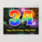 34e verjaardag - Fun Fireworks Pattern + Rainbow 3 Briefkaart (Voorkant)