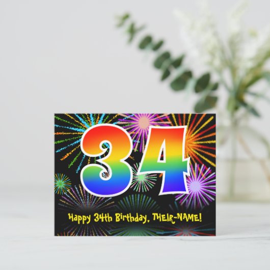 34e verjaardag - Fun Fireworks Pattern + Rainbow 3 Briefkaart (Staand voorkant)