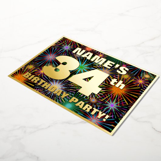 34e verjaardag — Fun, kleurrijke Fireworks look Folie Uitnodiging (Gedraaid)