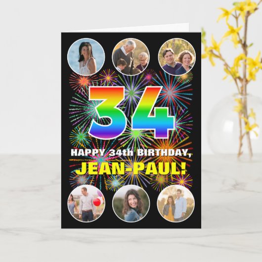 34e verjaardag: Fun Rainbow #, aangepaste naam & f Kaart (Gele Bloem)