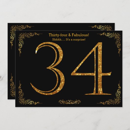 34e verjaardag, Gatsby styl, zwarte gouden glitter Kaart (Voorkant / Achterkant)