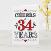 34e verjaardag gejuich in rood wit zwart patroon kaart (Gele Bloem)