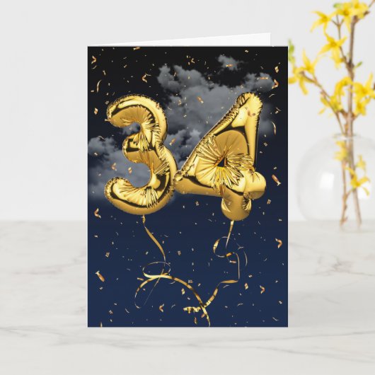 34e verjaardag Gold Mylar ballon en Confetti Card Kaart (Gele Bloem)