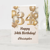 34e verjaardag goudballonnen en Confetti verjaarda Kaart (Voorkant)