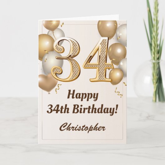 34e verjaardag goudballonnen en Confetti verjaarda Kaart (Voorkant)