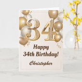 34e verjaardag goudballonnen en Confetti verjaarda Kaart (Gele Bloem)