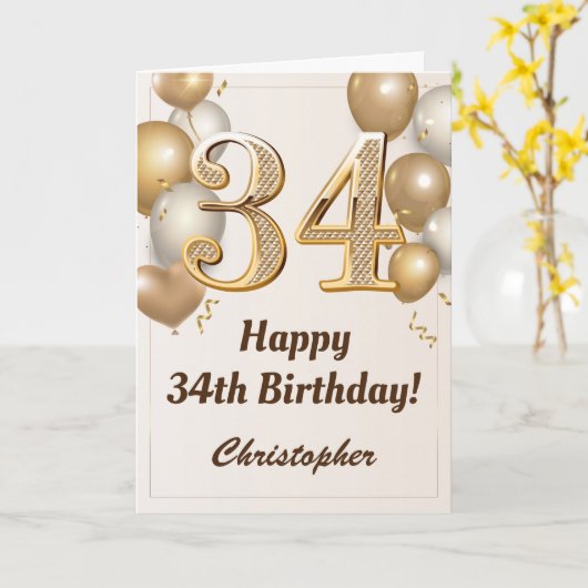 34e verjaardag goudballonnen en Confetti verjaarda Kaart (Gele Bloem)