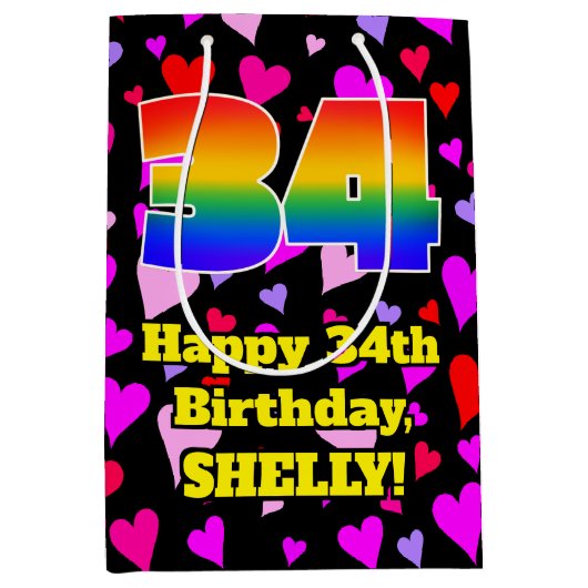 34e verjaardag: Heatten, regenboognr. 34 Medium Cadeauzakje (Voorkant)