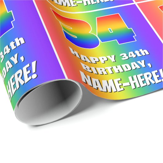 34e verjaardag: kleurrijk, vun regenboogpatroon #  cadeaupapier (Rol Hoek)