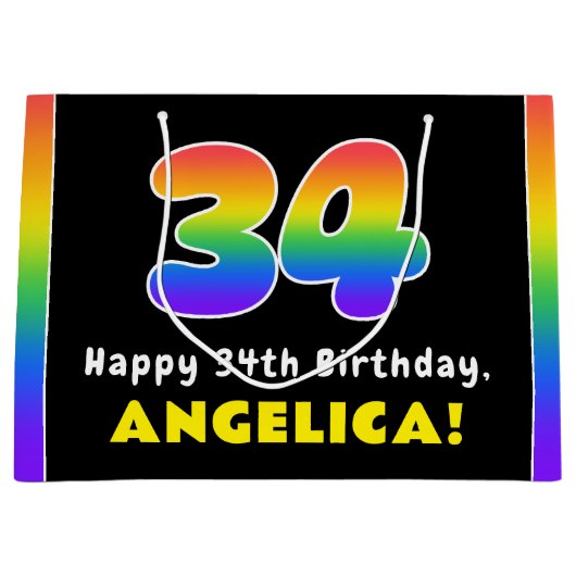 34e verjaardag: kleurrijke regenboog # 34, Naam va Groot Cadeauzakje (Voorkant)