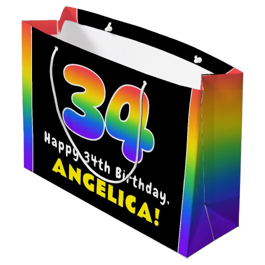 34e verjaardag: kleurrijke regenboog # 34, Naam va Groot Cadeauzakje (Achterkant Gekanteld)