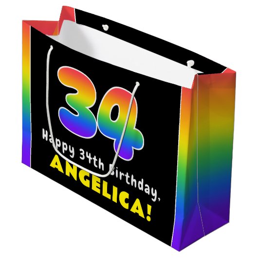 34e verjaardag: kleurrijke regenboog # 34, Naam va Groot Cadeauzakje (Voorkant Gekanteld)